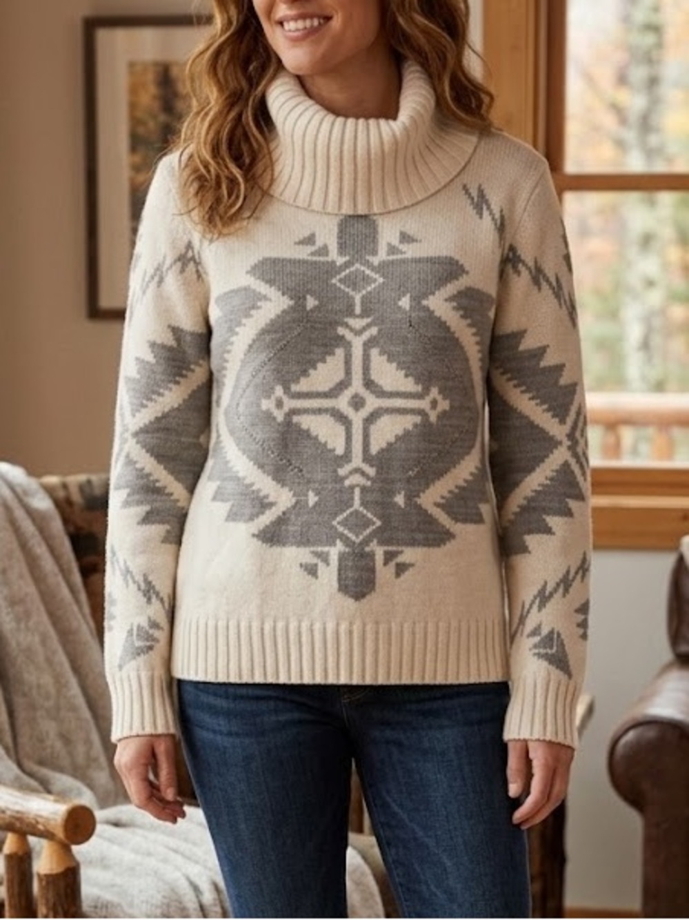 Ralph Lauren Southwestern Cowl Neck Sweater Ivory Gray Cotton Blend XL